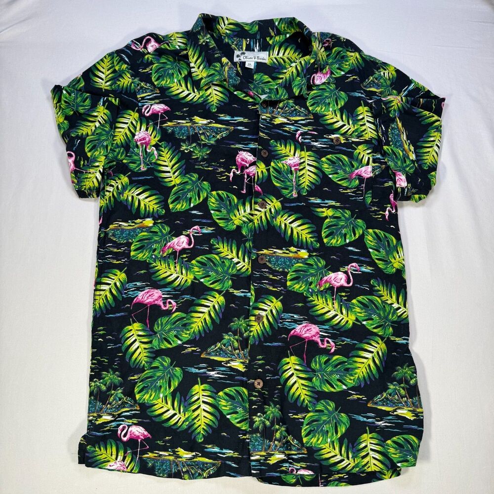 Oliver & Burke Men’s Hawaiian Shirt XXL Tropical Flamingo Palm Leaf Print Button